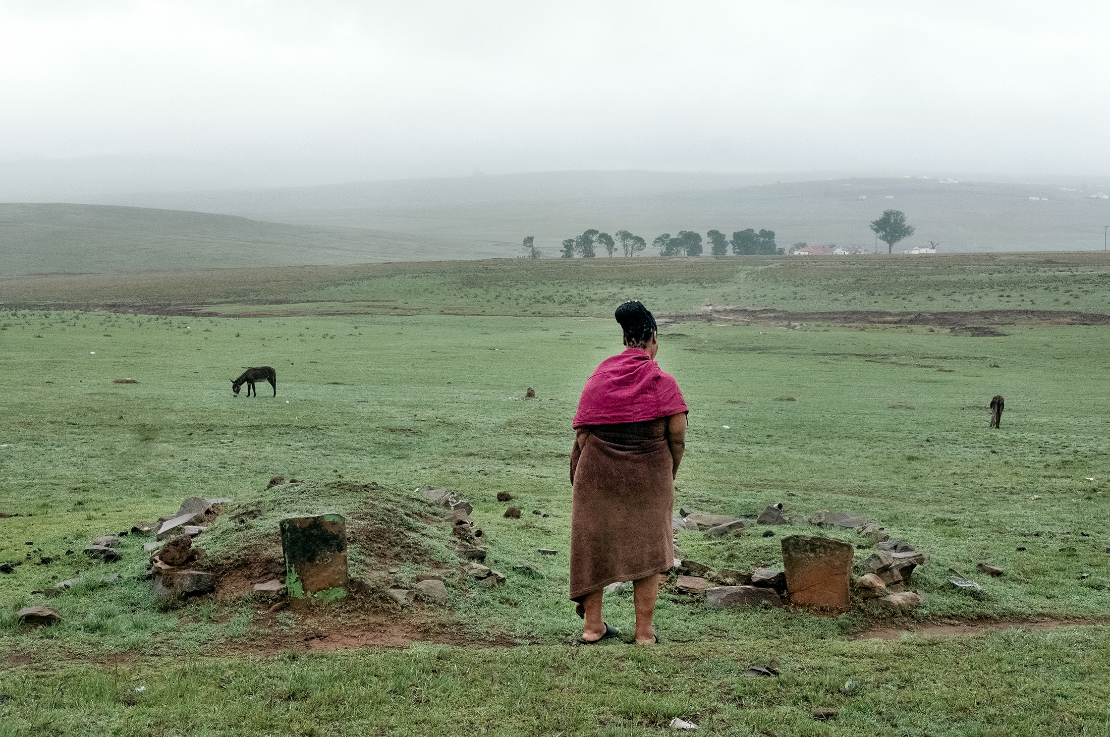 Lindokuhle Sobhekwa's photograph 'My mother visiting our ancestors' shows an individual standing in front of two graves with headstones in grassy plain.
