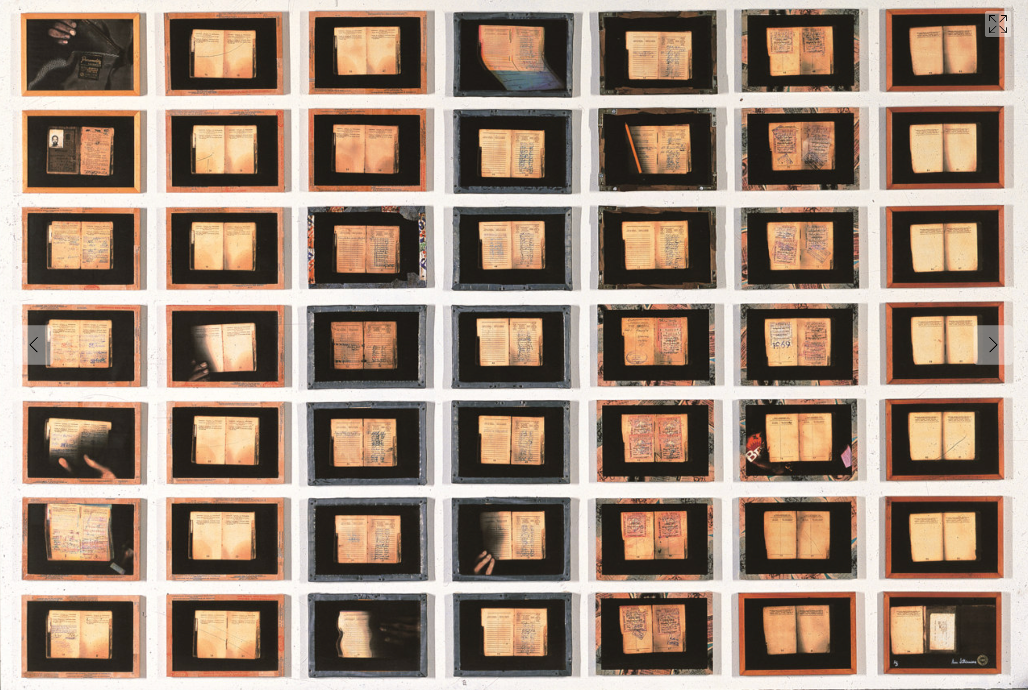 Sue Williamson’s framed grid of laser prints ‘For Thirty Years Next to His Heart’ depicts the inside pocket of a blazer and the pages of passbook.
