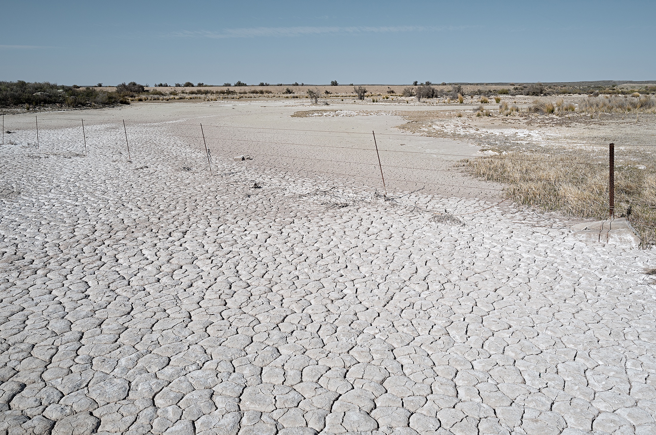 Photograph by David Lurie, from his book ‘Karoo - Land of Thirst,’ that depicts a wire property boundary that cuts through dry land.
