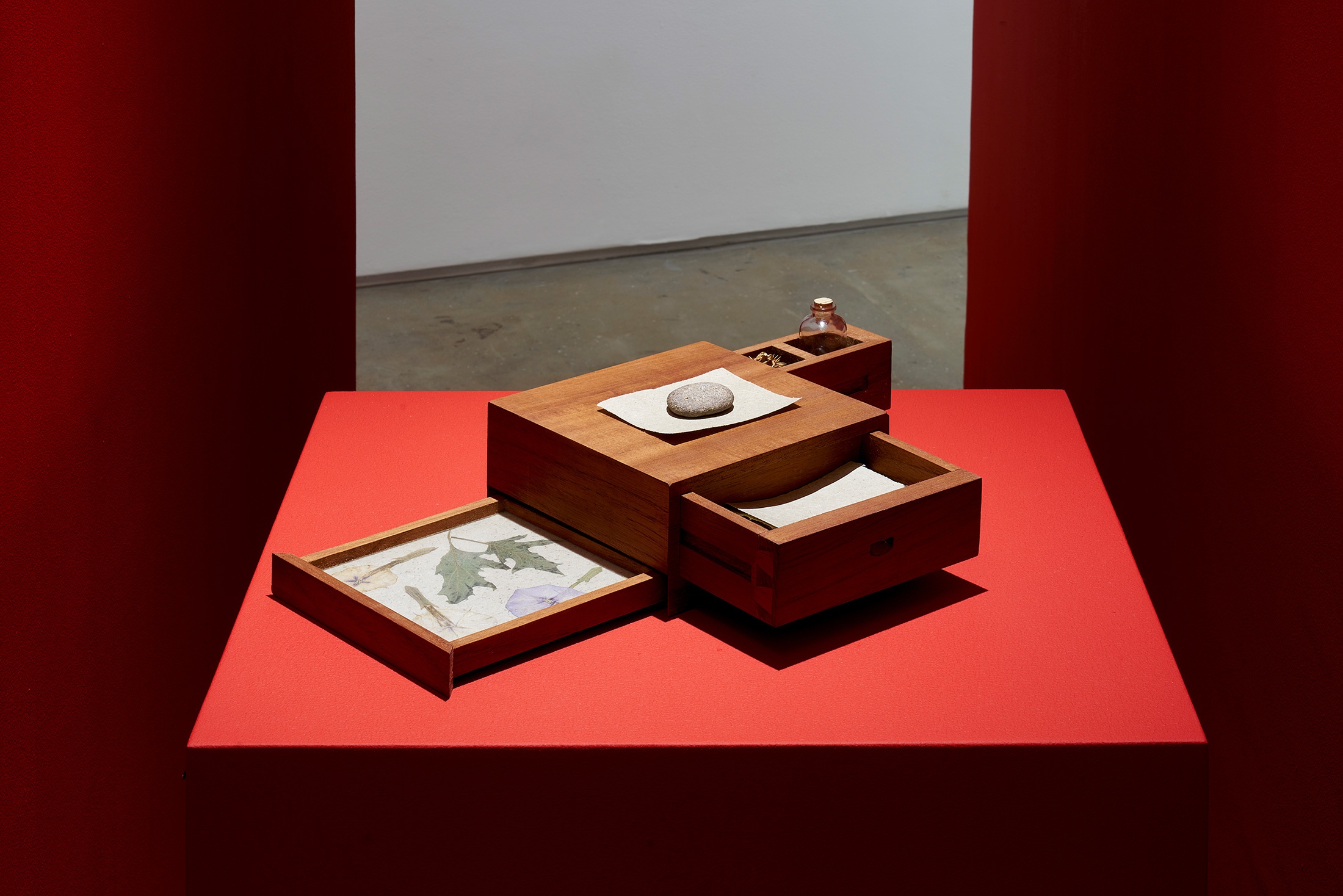 Installation photograph that shows Miguel Cinta Robles’ cedarwood box installation ‘Writing device to craft love letters’ sitting on a red plinth in between two red moveable gallery walls.
