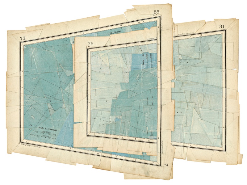 Gerhard Marx's mixed media work 'Depth in Feet (Echo)' consists of cut and reconstituted map fragments on board.
